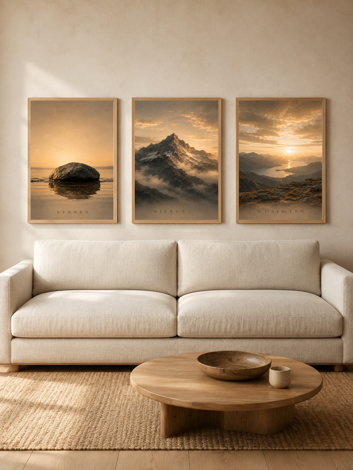 Tre indrammede plakater i lyst træ hænger side om side over en beige sofa. Motiverne viser en sten i stille vand, en bjergtop over skyerne og en solnedgang over en fjord. Foran sofaen står et rundt træbord med en skål på et jutetæppe.